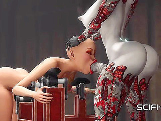 Futa sex robot pounds her dick into a bald human
